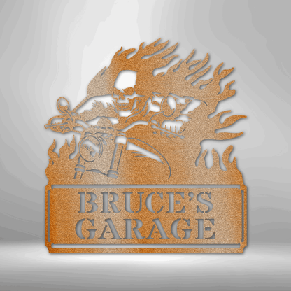 Personalized Garage Sign with a Steel Screaming Demon - Zac's Parking on a Brick Wall.