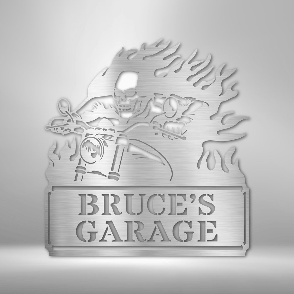 Personalized Garage Sign with a Steel Screaming Demon - Zac's Parking on a Brick Wall.