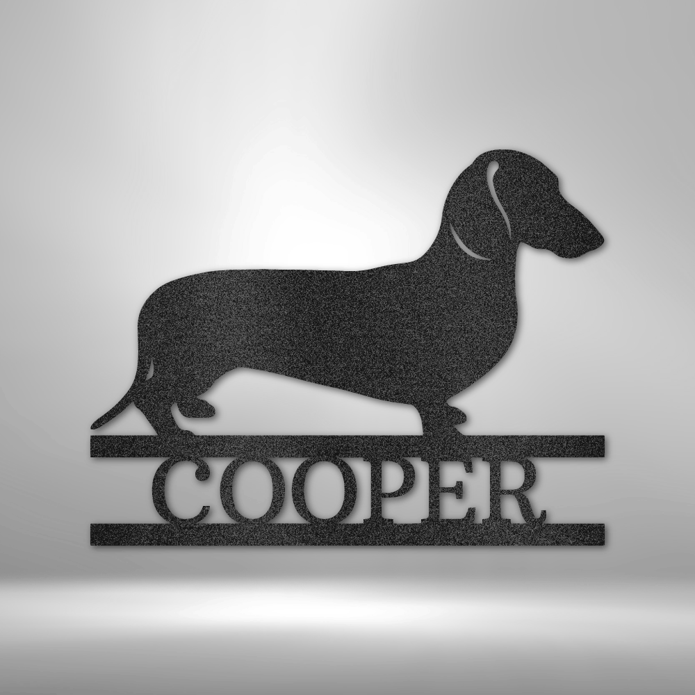 A Durable Outdoor Metal Dachshund Monogram Wall Art Decor on a brick wall.