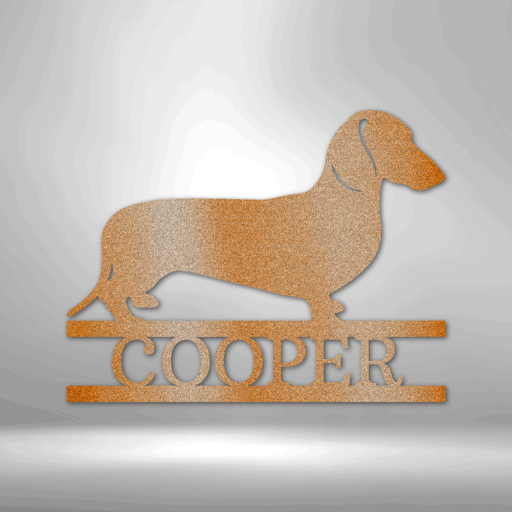 A Durable Outdoor Metal Dachshund Monogram Wall Art Decor on a brick wall.