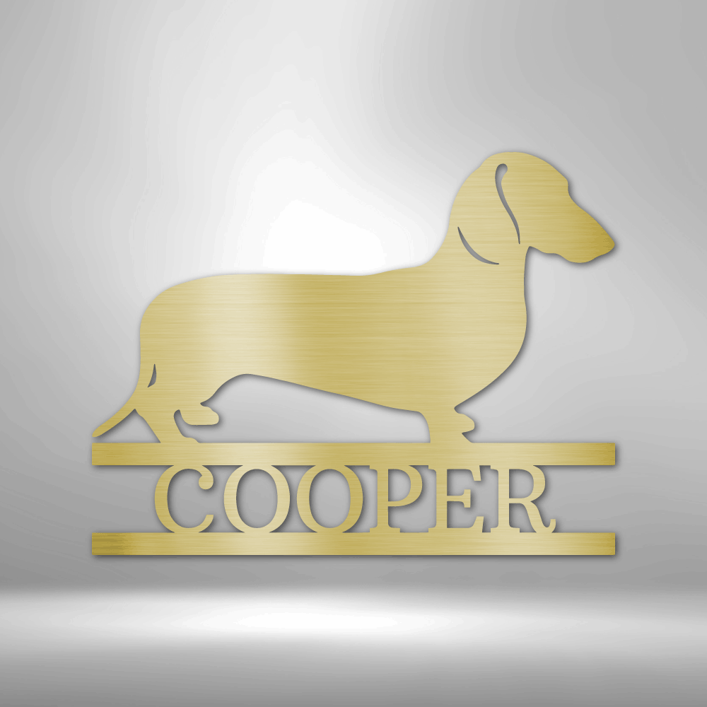 A Durable Outdoor Metal Dachshund Monogram Wall Art Decor on a brick wall.