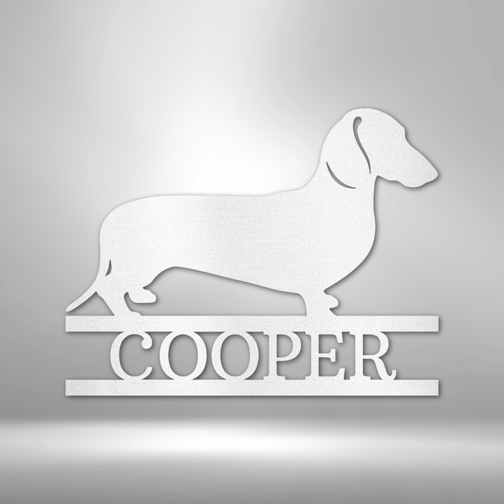 A Durable Outdoor Metal Dachshund Monogram Wall Art Decor on a brick wall.