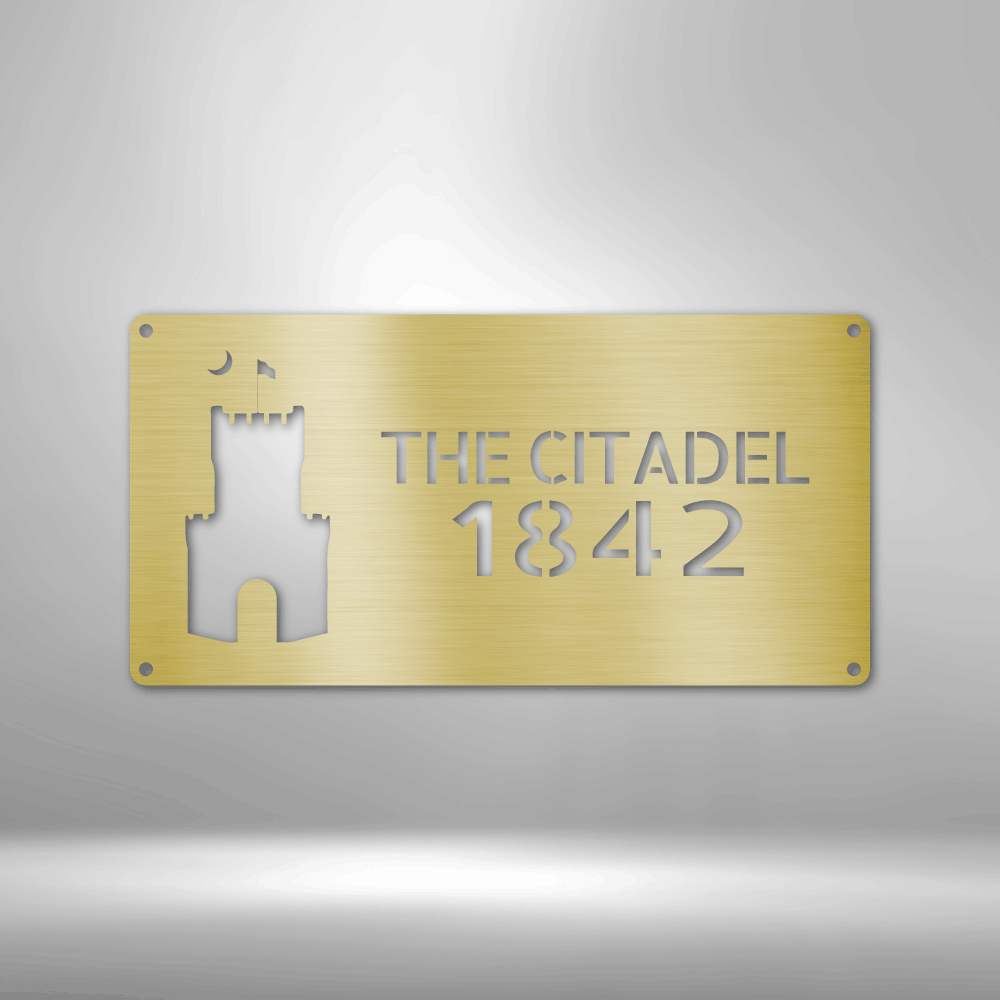 A durable, personalized outdoor metal sign featuring unique metal art gifts, displaying "The Citadel - Steel Sign 1842" on a brick wall.