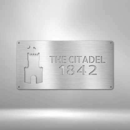 A durable, personalized outdoor metal sign featuring unique metal art gifts, displaying "The Citadel - Steel Sign 1842" on a brick wall.