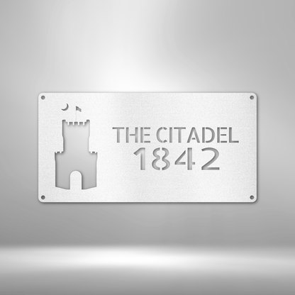 A durable, personalized outdoor metal sign featuring unique metal art gifts, displaying "The Citadel - Steel Sign 1842" on a brick wall.