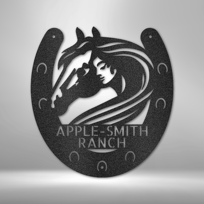 The CUSTOM Horse Owner Monogram - Steel Sign logo on a brick wall.