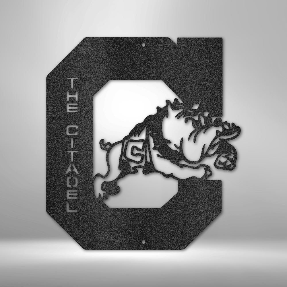 A personalized metal wall art decor featuring a custom handmade design of the Citadel Bulldog.