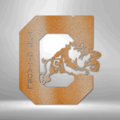 A personalized metal wall art decor featuring a custom handmade design of the Citadel Bulldog.