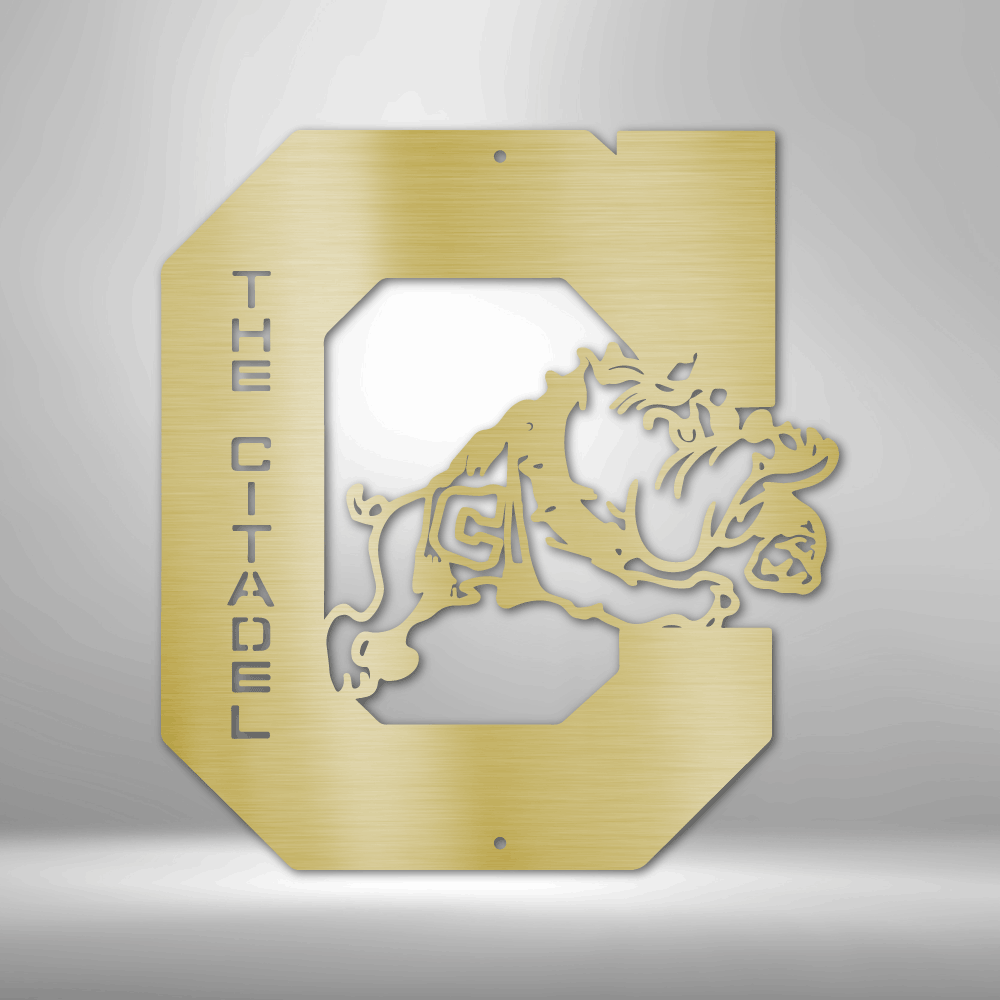 A personalized metal wall art decor featuring a custom handmade design of the Citadel Bulldog.