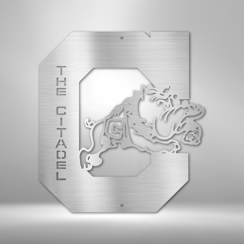 A personalized metal wall art decor featuring a custom handmade design of the Citadel Bulldog.