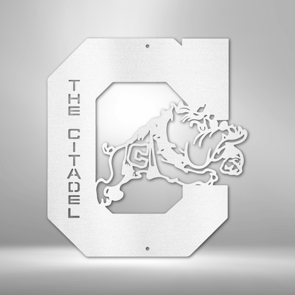 A personalized metal wall art decor featuring a custom handmade design of the Citadel Bulldog.