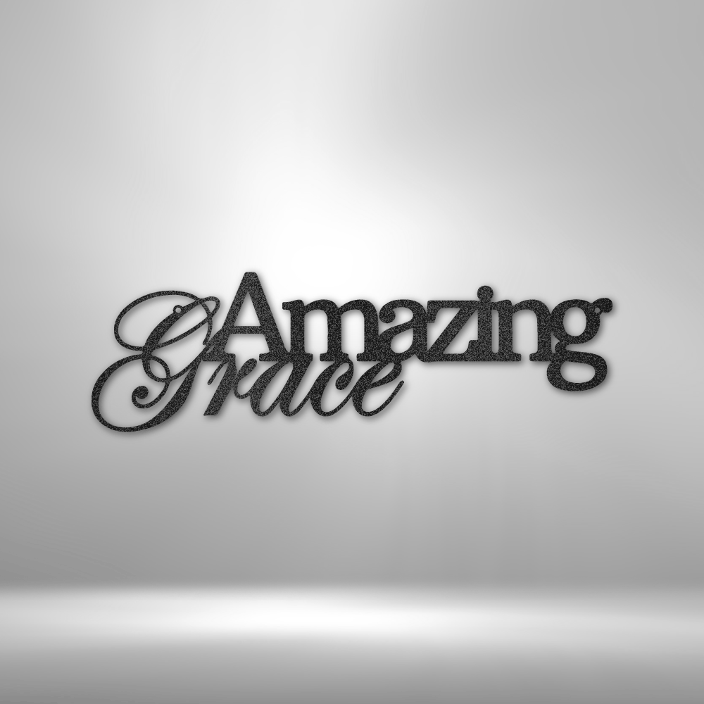 A custom handcrafted steel sign displaying "Amazing Grace" on a brick wall.