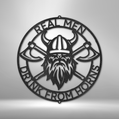 Real man drink from a personalized Battle Axe Ring Monogram metal wall art.