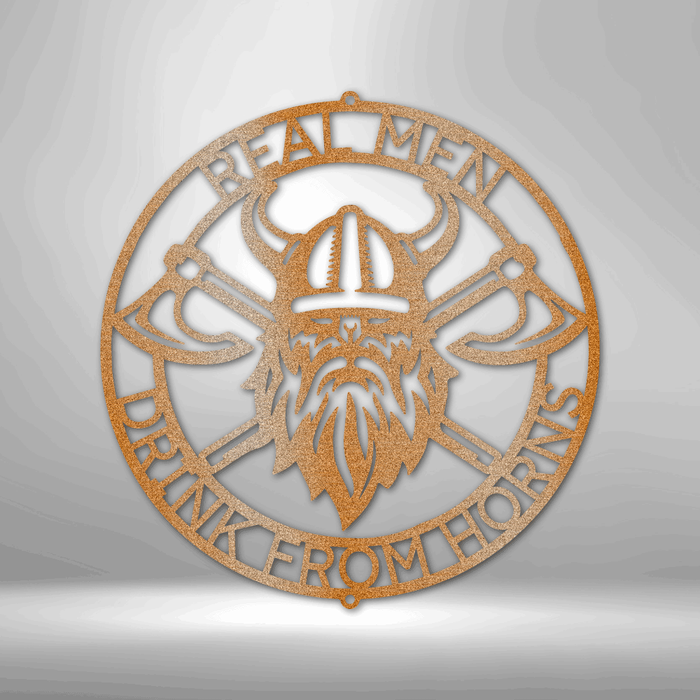 Real man drink from a personalized Battle Axe Ring Monogram metal wall art.