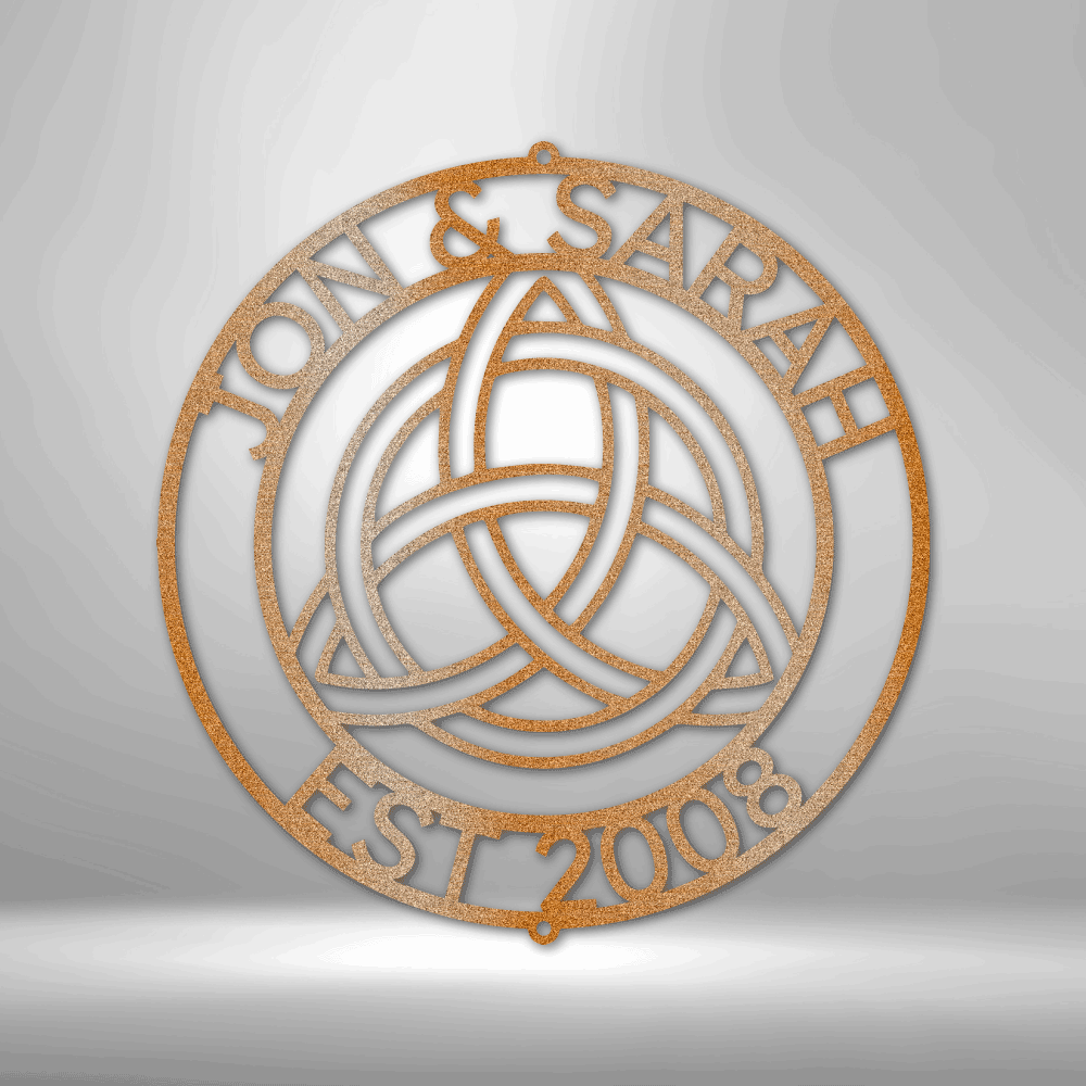 A PERSONALIZED Metal Wall Art Decor Celtic Knot Ring Monogram - Steel Sign with the names jon and sarah on it.