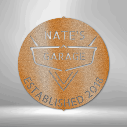 A PERSONALIZED Steel Monogram Garage Decor - Metal Wall Art that says nate's garage established 2018 on a brick wall.