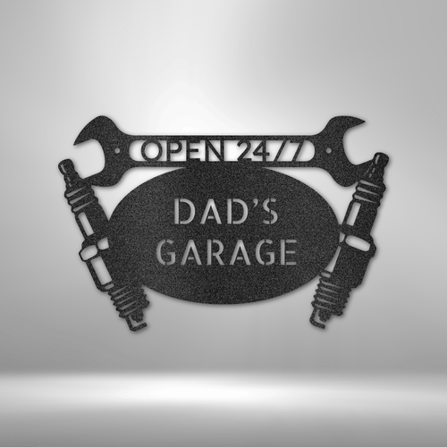 Dad's PERSONALIZED Retro Garage Sign with wrenches on a brick wall.
