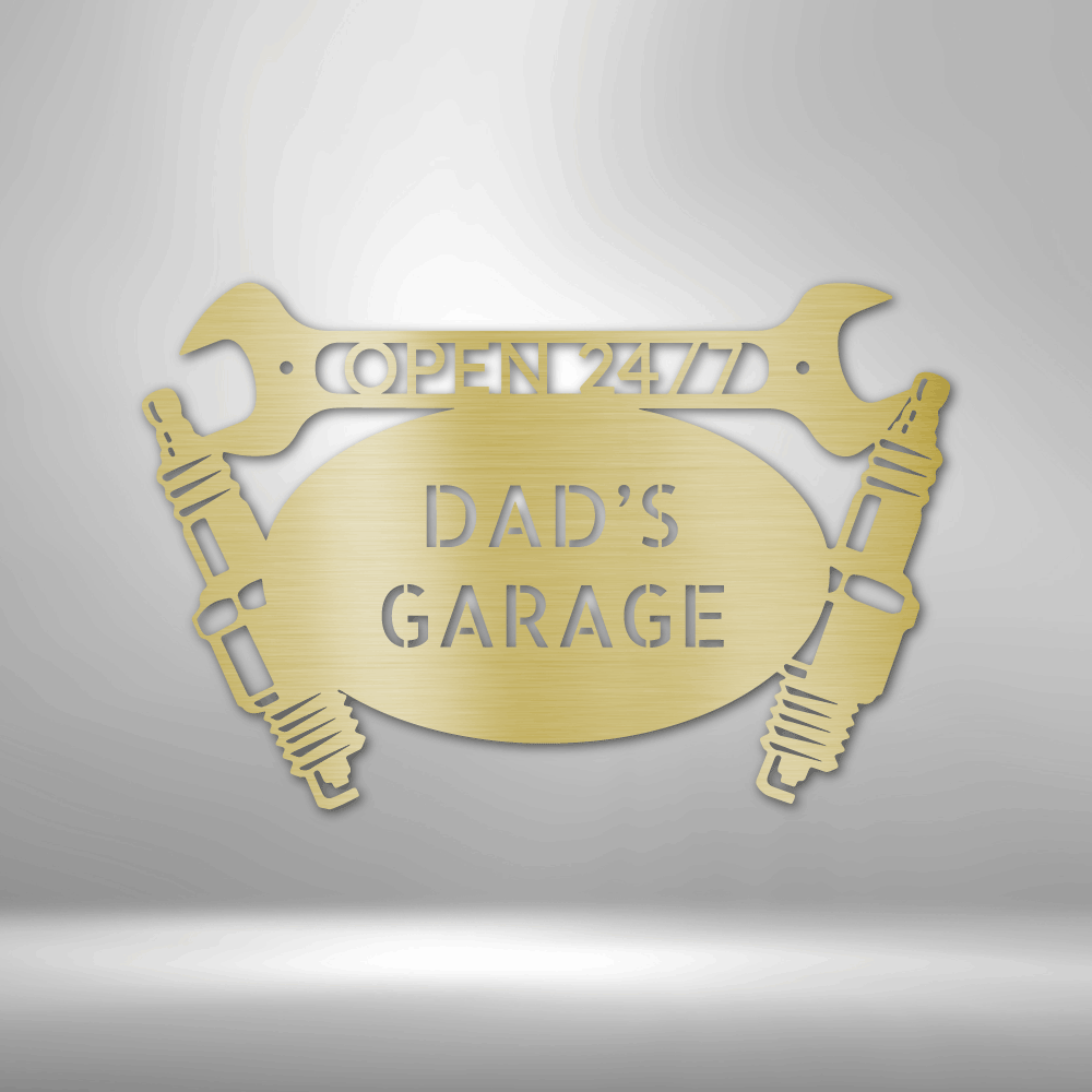 Dad's PERSONALIZED Retro Garage Sign with wrenches on a brick wall.