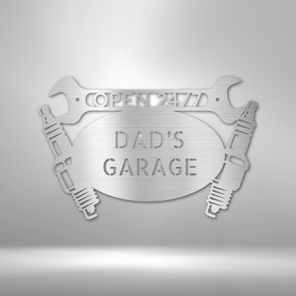 Dad's PERSONALIZED Retro Garage Sign with wrenches on a brick wall.