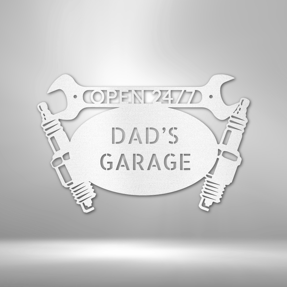 Dad's PERSONALIZED Retro Garage Sign with wrenches on a brick wall.