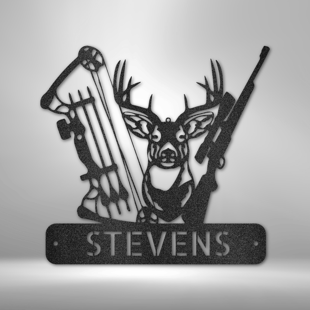 A UNIQUE PERSONALIZED Metal Wall Art Decor featuring a Deer Hunter Monogram on a brick wall.