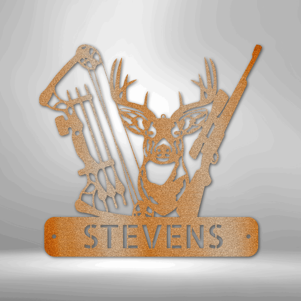 A UNIQUE PERSONALIZED Metal Wall Art Decor featuring a Deer Hunter Monogram on a brick wall.