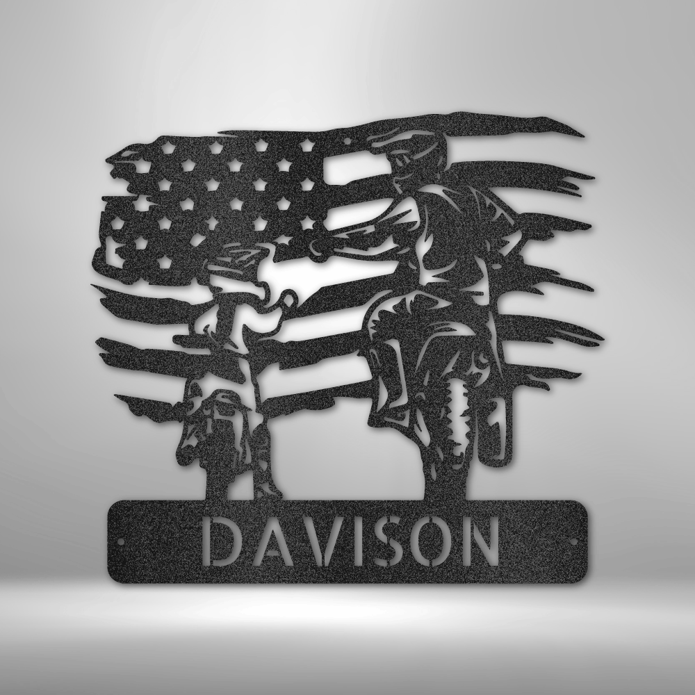 A Custom Handmade Personalized American Motocross Family Monogram - Steel Sign with the name davidson and an american flag.