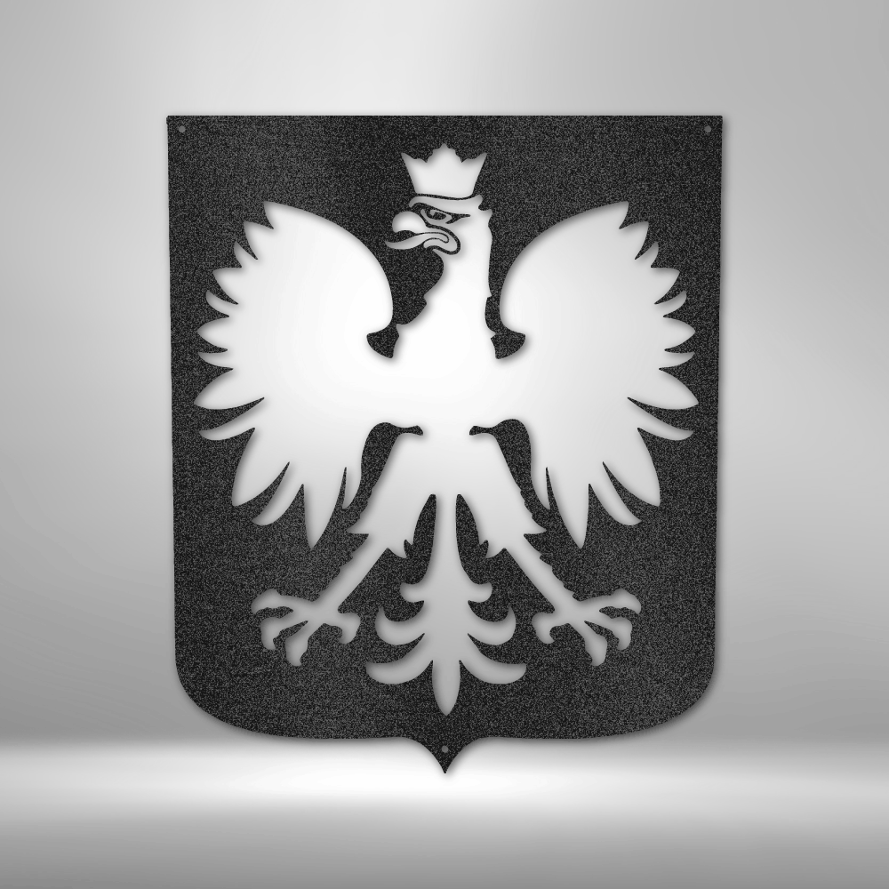 A Durable Steel Sign featuring a Polish Eagle on a brick wall.