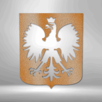 A Durable Steel Sign featuring a Polish Eagle on a brick wall.