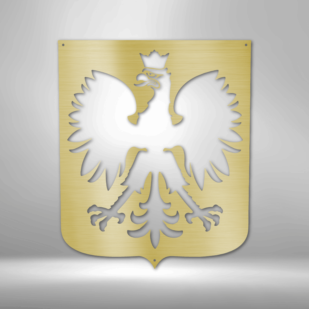 A Durable Steel Sign featuring a Polish Eagle on a brick wall.