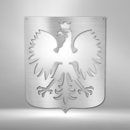 A Durable Steel Sign featuring a Polish Eagle on a brick wall.