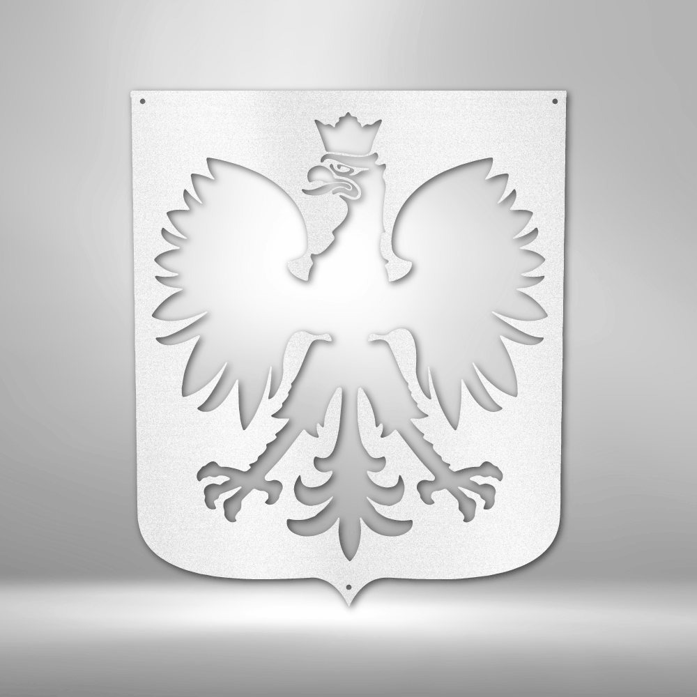 A Durable Steel Sign featuring a Polish Eagle on a brick wall.