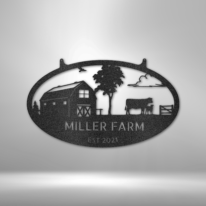 The Personalized Farmstead family Monogram - Custom Metal Wall Art Decor on a brick wall.