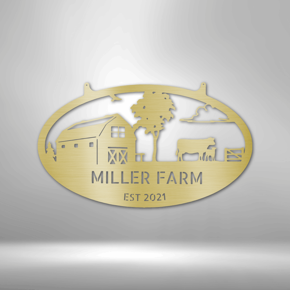 The Personalized Farmstead family Monogram - Custom Metal Wall Art Decor on a brick wall.