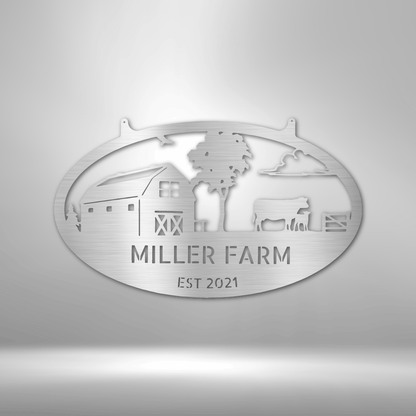 The Personalized Farmstead family Monogram - Custom Metal Wall Art Decor on a brick wall.