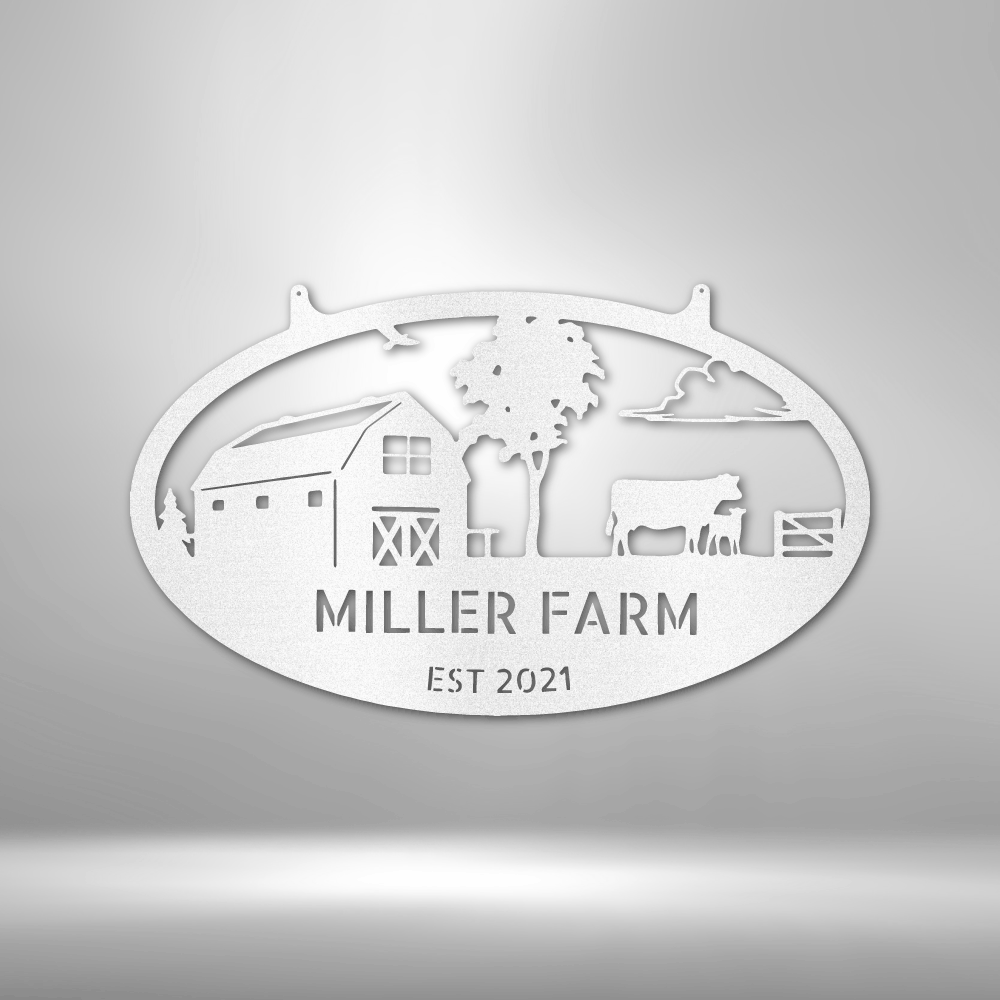 The Personalized Farmstead family Monogram - Custom Metal Wall Art Decor on a brick wall.