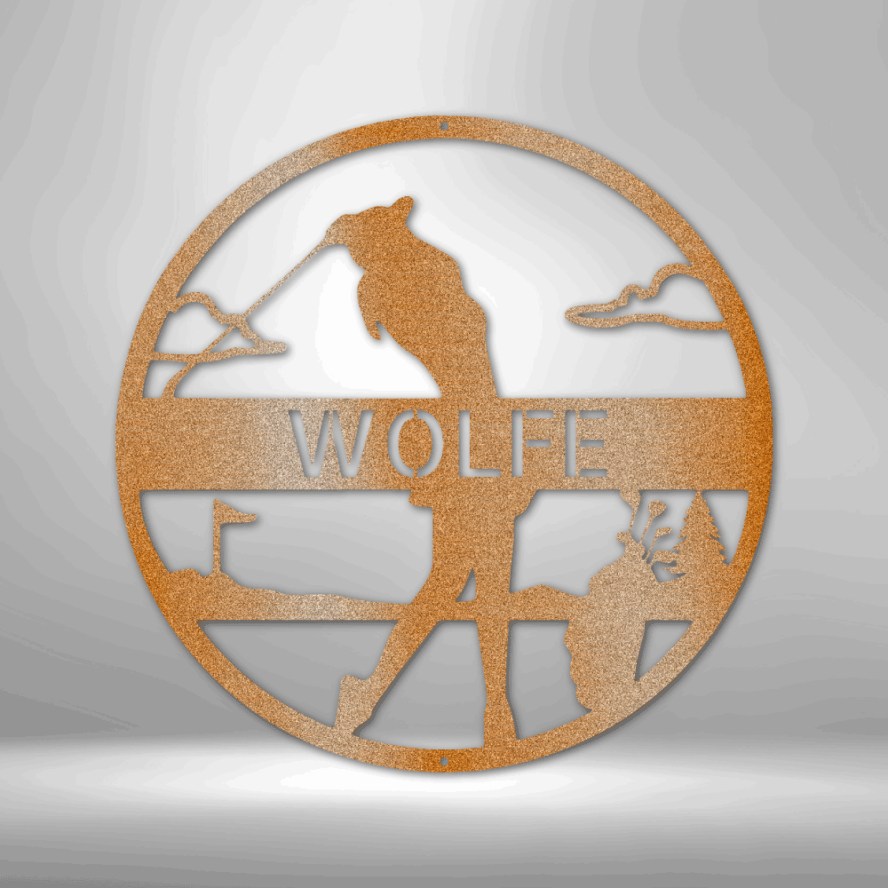 The Female Golfer Monogram - Durable Outdoor Metal Signs in a circle on a brick wall.