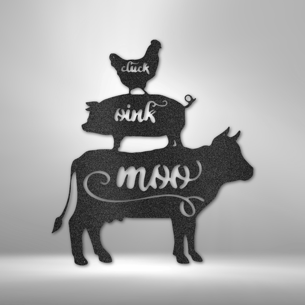 A durable outdoor metal sign featuring a custom handmade design of farm animals on top of a brick wall.