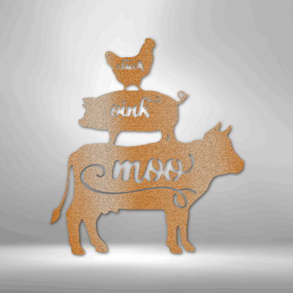 A durable outdoor metal sign featuring a custom handmade design of farm animals on top of a brick wall.