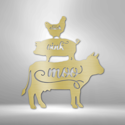 A durable outdoor metal sign featuring a custom handmade design of farm animals on top of a brick wall.