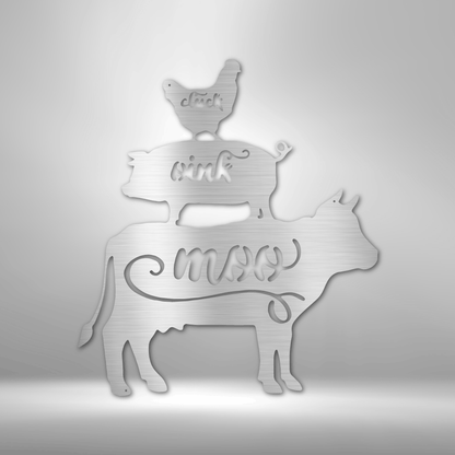 A durable outdoor metal sign featuring a custom handmade design of farm animals on top of a brick wall.