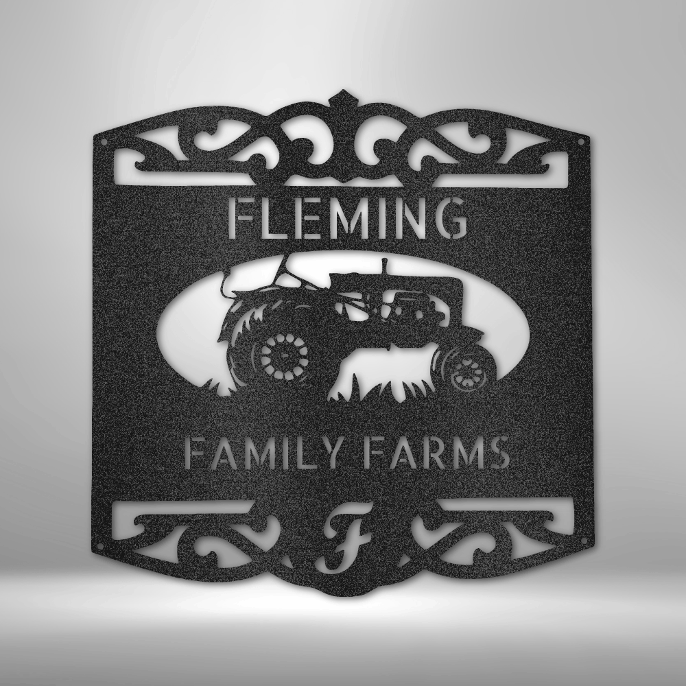 A steel monogram wall art featuring a classic tractor design, perfect for personalized family decor.