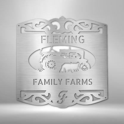 A steel monogram wall art featuring a classic tractor design, perfect for personalized family decor.