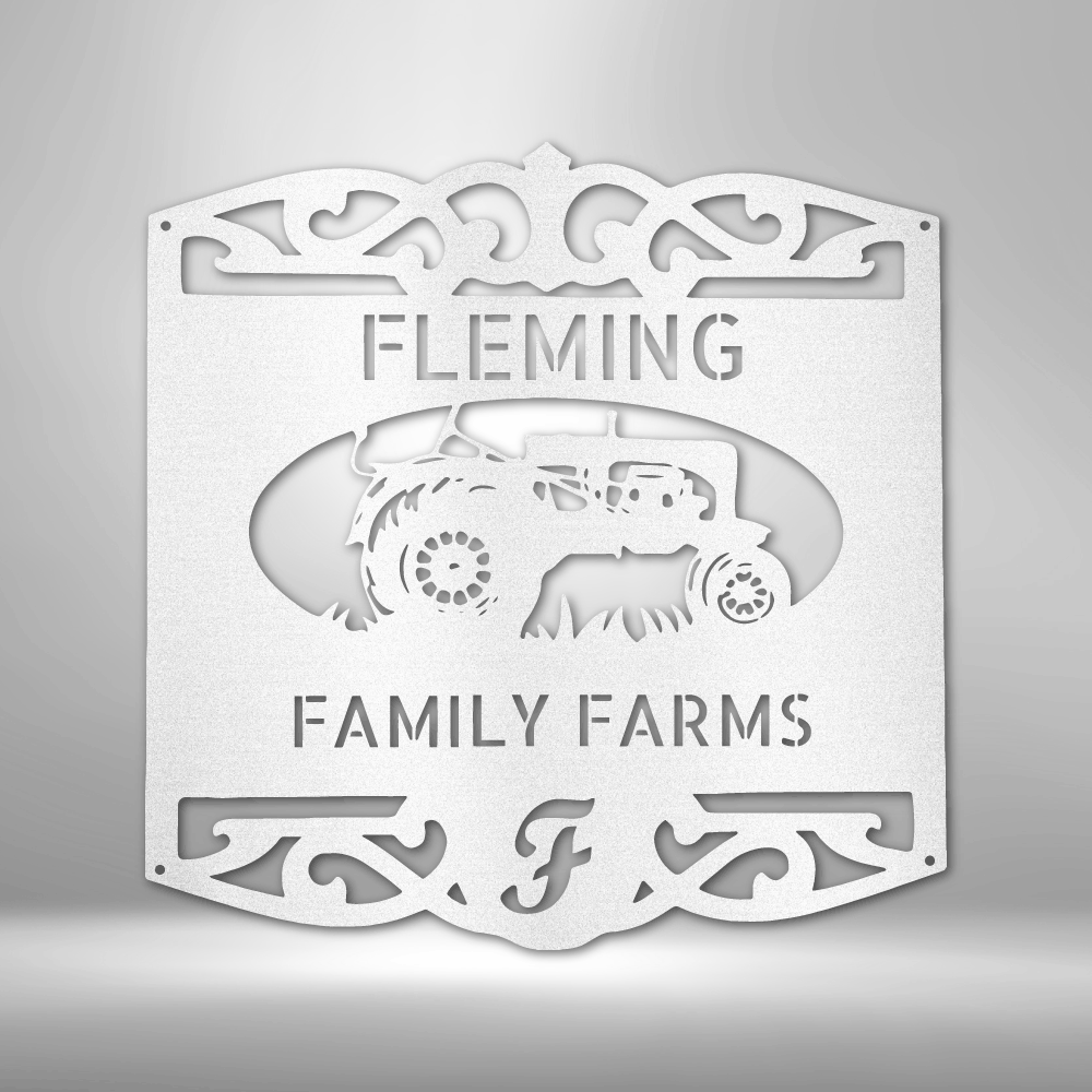 A steel monogram wall art featuring a classic tractor design, perfect for personalized family decor.