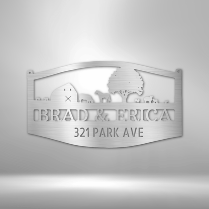 Custom Metal Farm Scene Address Sign with Monogram.