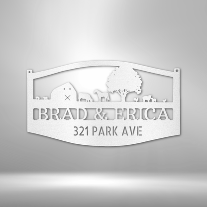 Custom Metal Farm Scene Address Sign with Monogram.