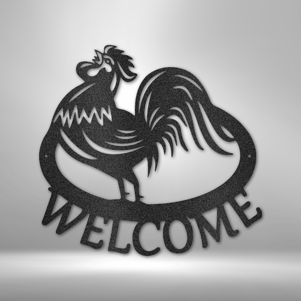 A Custom Handmade Rooster Steel Sign on a brick wall.