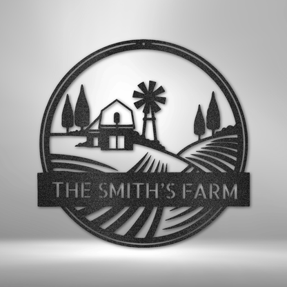 The Rolling Fields Farm Monogram - Steel Sign, a durable and custom handmade metal wall art decor.