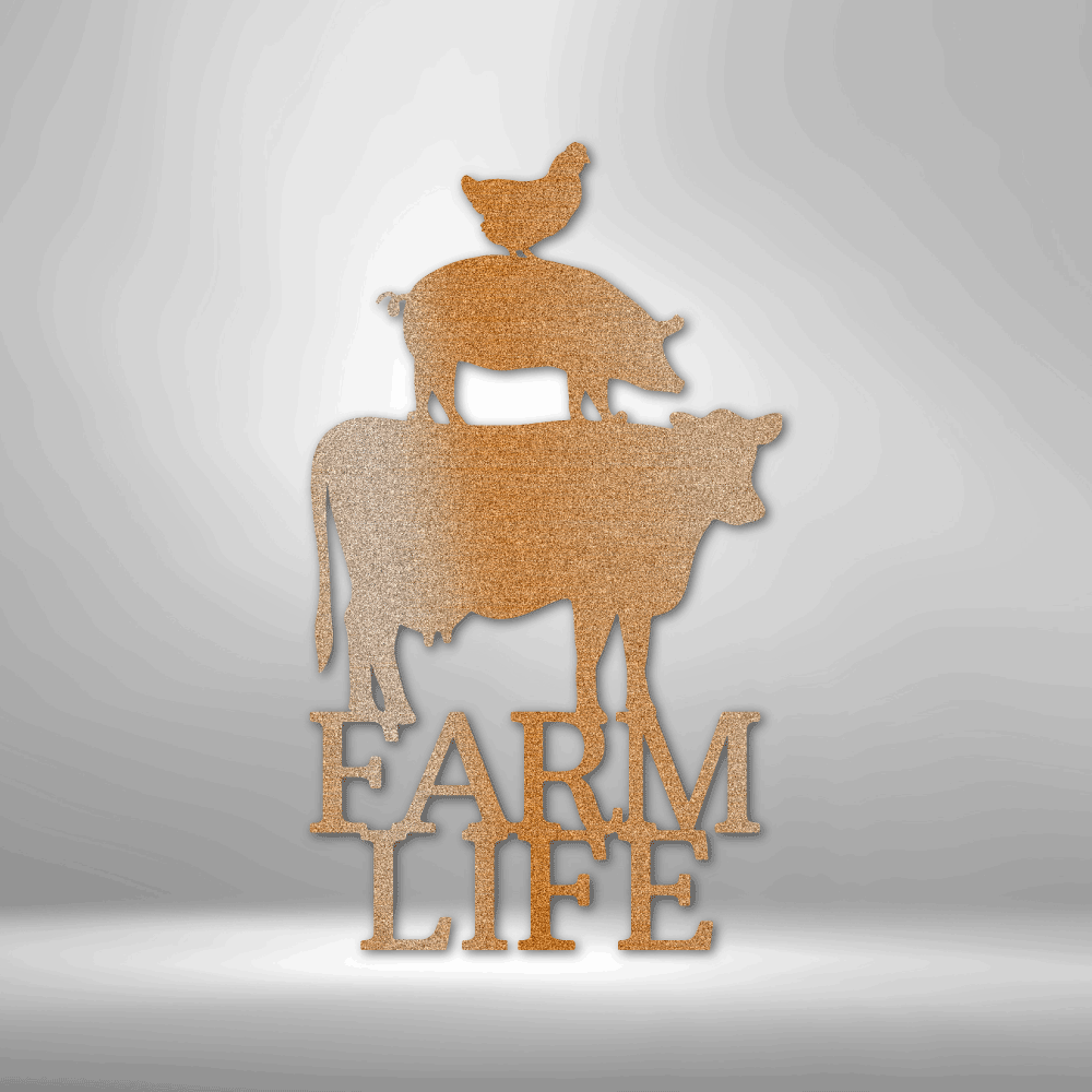 A Fun Metal Wall Art Decor with a pig and cow on top of a brick wall.