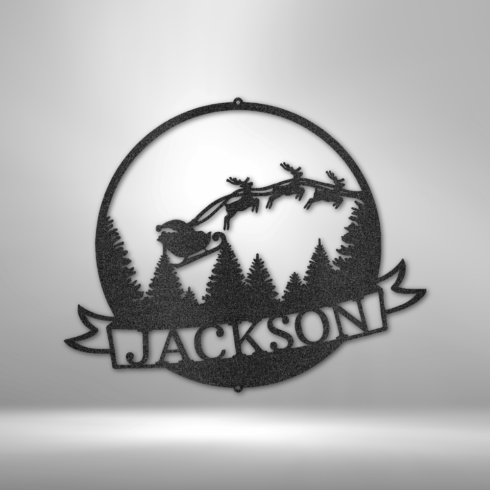 The Santa's Journey Monogram - Steel Sign showcases laser-cut artistry of Santa's sleigh and reindeer flying over pine trees, all powder-coated for durability. The piece is personalized with the name "Jackson," providing a unique addition to your holiday decor.